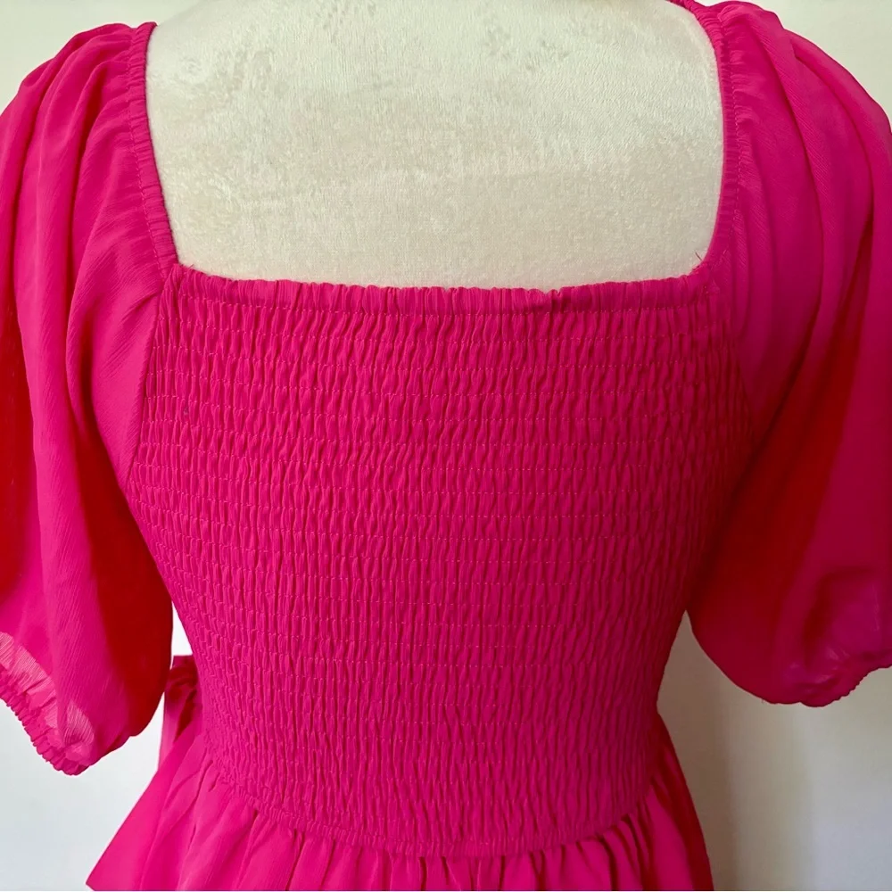 NWOT Kikibell Sz XS Hot Pink Fuchsia Faux Wrap Mini Dress w Bell Puff Sleeves - Picture 7 of 12